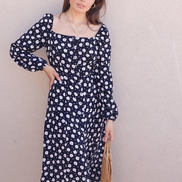 FRNCH Agniela Floral Long Sleeve Button Midi Navy Dress Size L - Picture 1 of 7